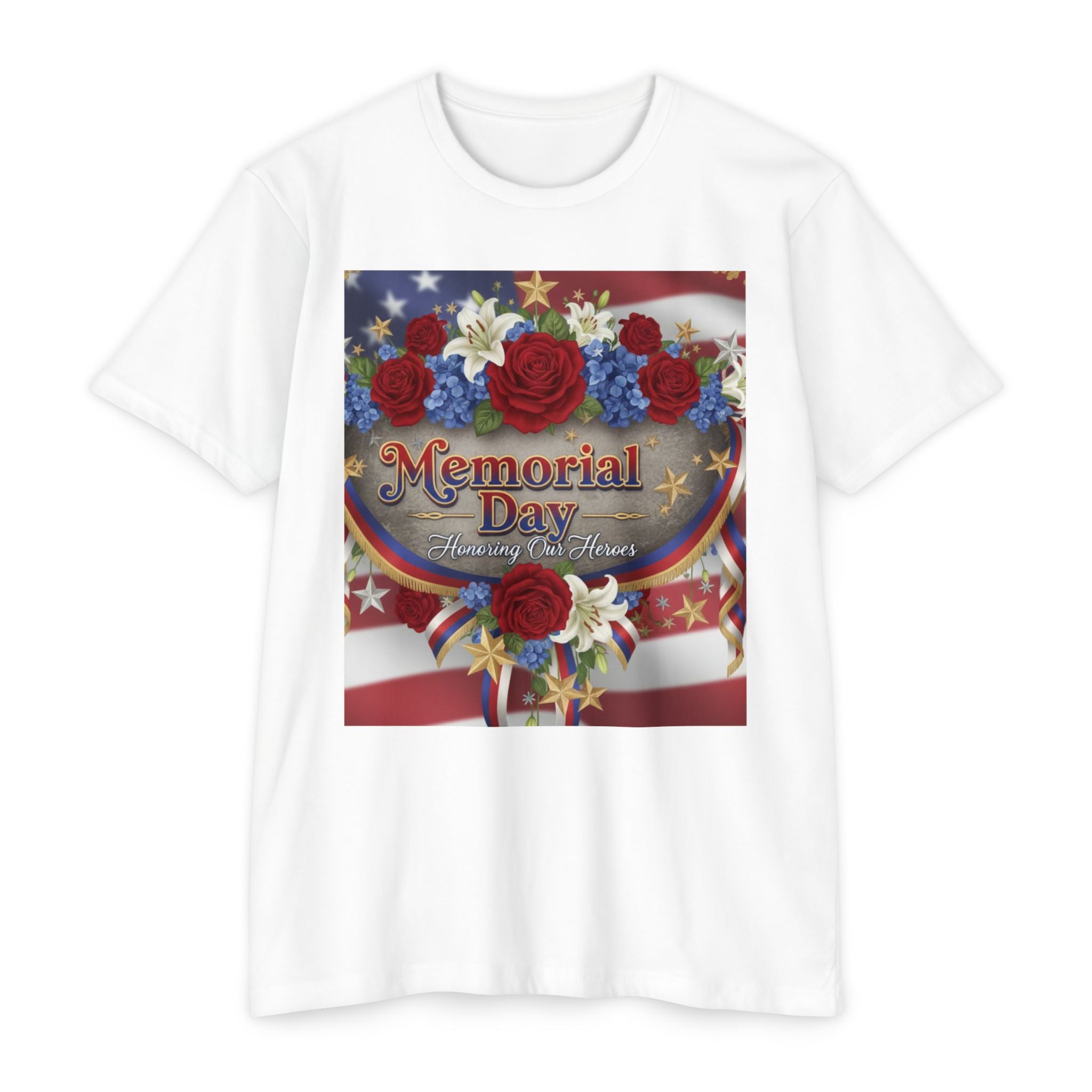 Memorial Day Floral Flag T-Shirt — "Memorial Day: Home of the Brave, Hearts"