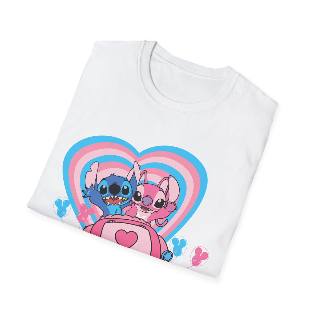 LoveBug Cute Stitch Couple T-Shirt — Pink & Blue Heart Cartoon Tee for Couples, Valentine's Day Gift