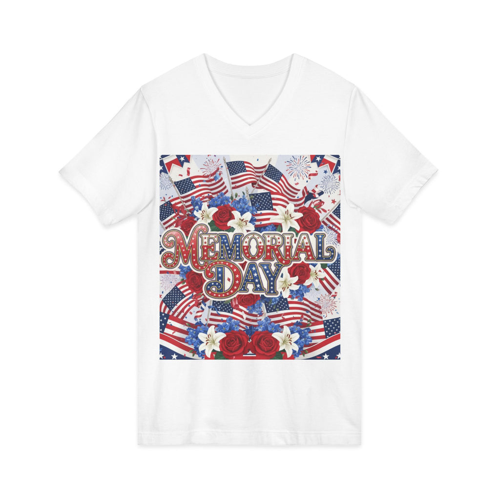 Memorial Day V-Neck Tee – Patriotic American Flags & Flowers