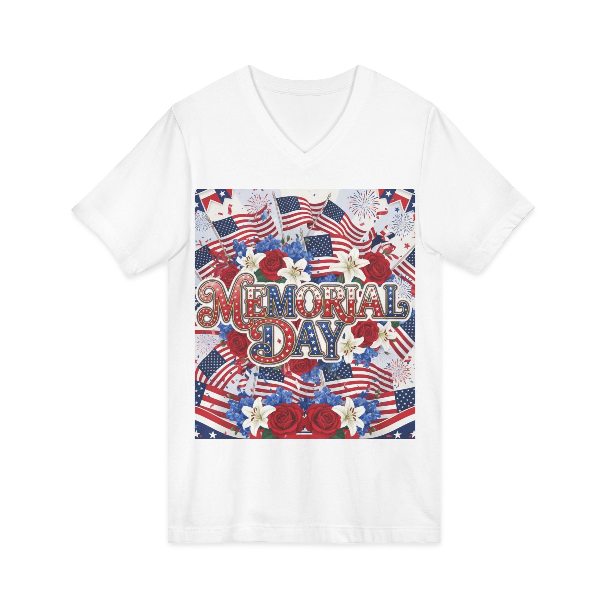 Memorial Day V-Neck Tee – Patriotic American Flags & Flowers