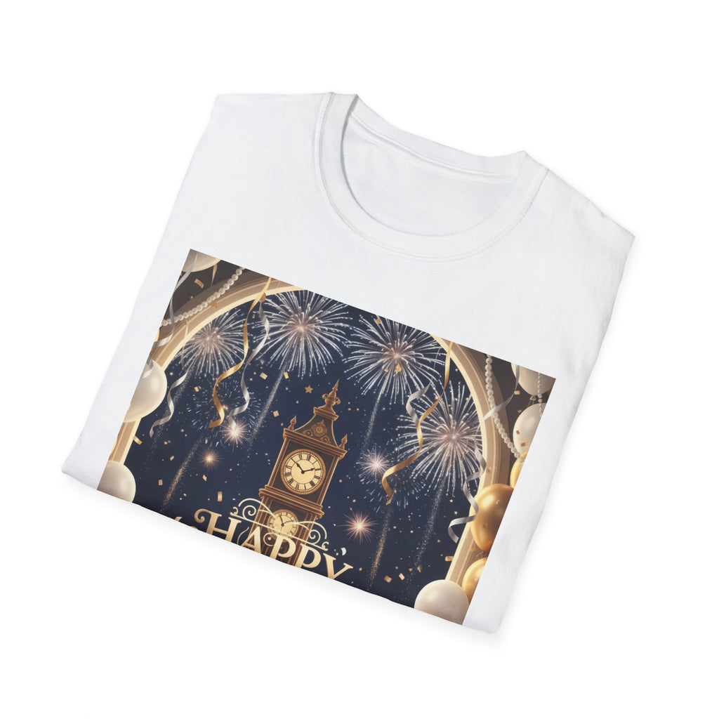 New Year Celebration T-Shirt — 'Happy New Year' Fireworks Clock Design