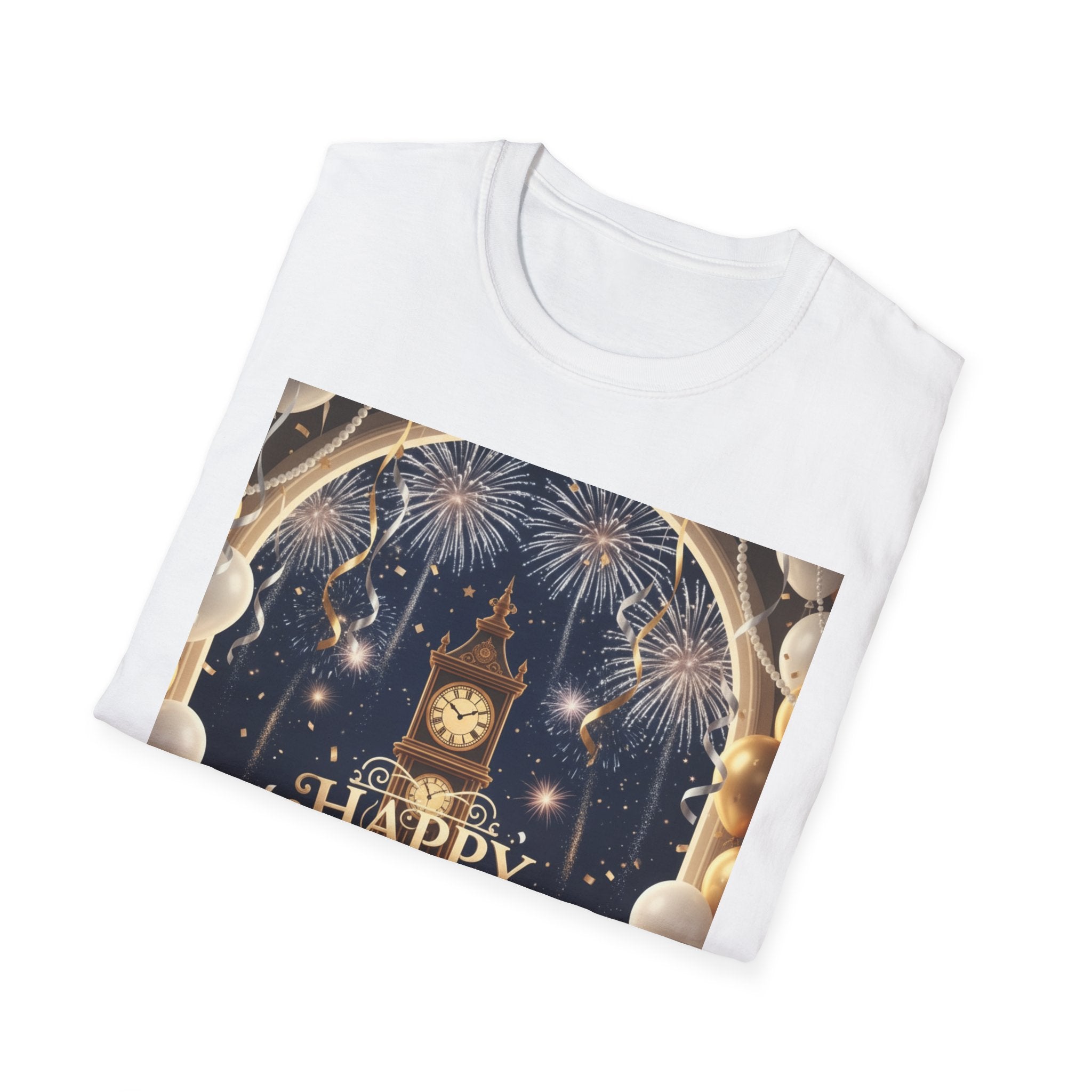 New Year Celebration T-Shirt — 'Happy New Year' Fireworks Clock Design