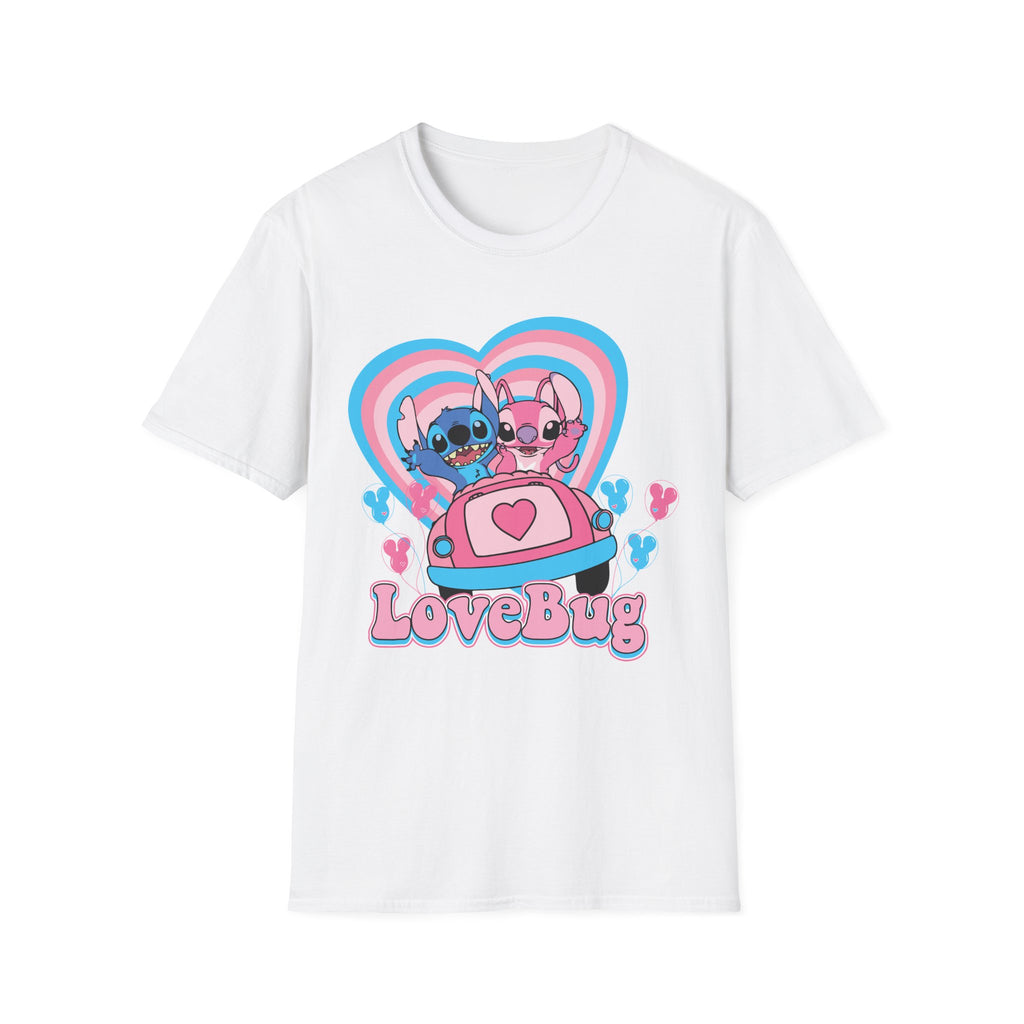 LoveBug Cute Stitch Couple T-Shirt — Pink & Blue Heart Cartoon Tee for Couples, Valentine's Day Gift