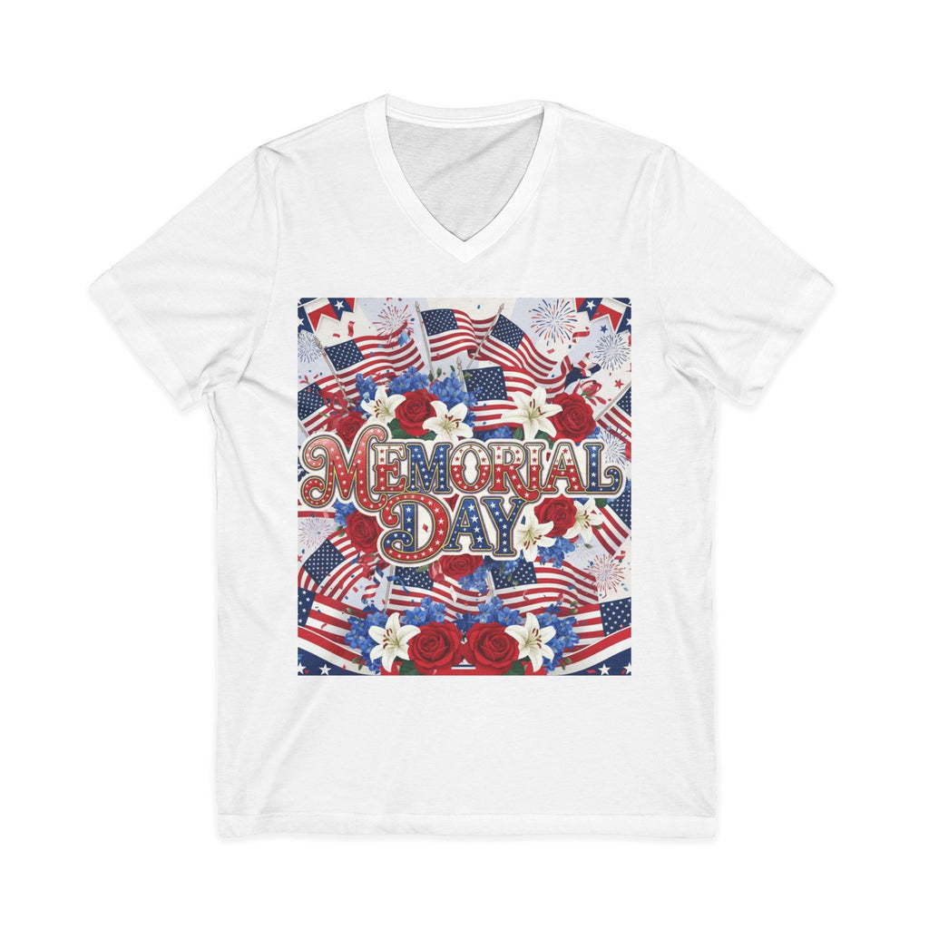 Memorial Day V-Neck Tee – Patriotic American Flags & Flowers