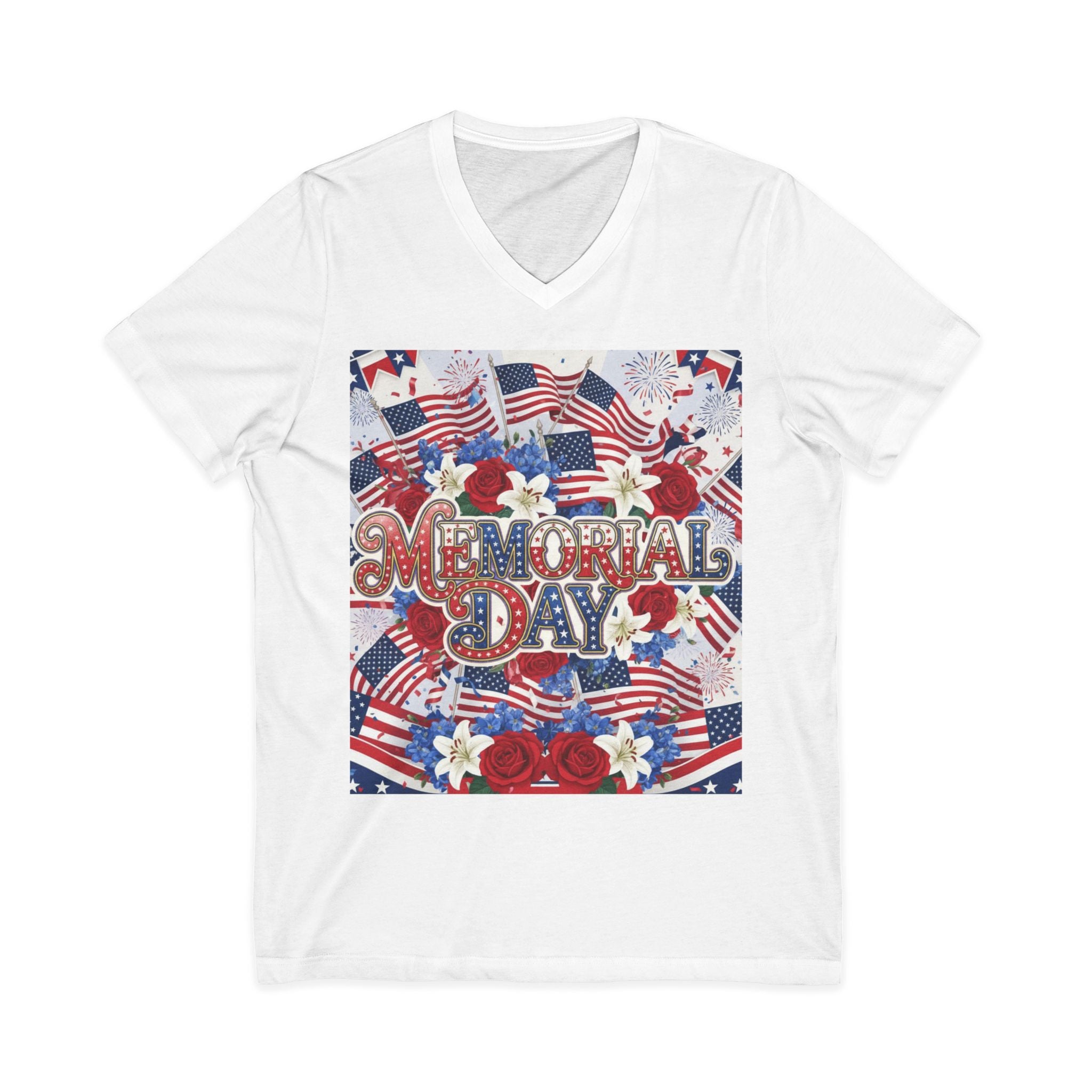 Memorial Day V-Neck Tee – Patriotic American Flags & Flowers