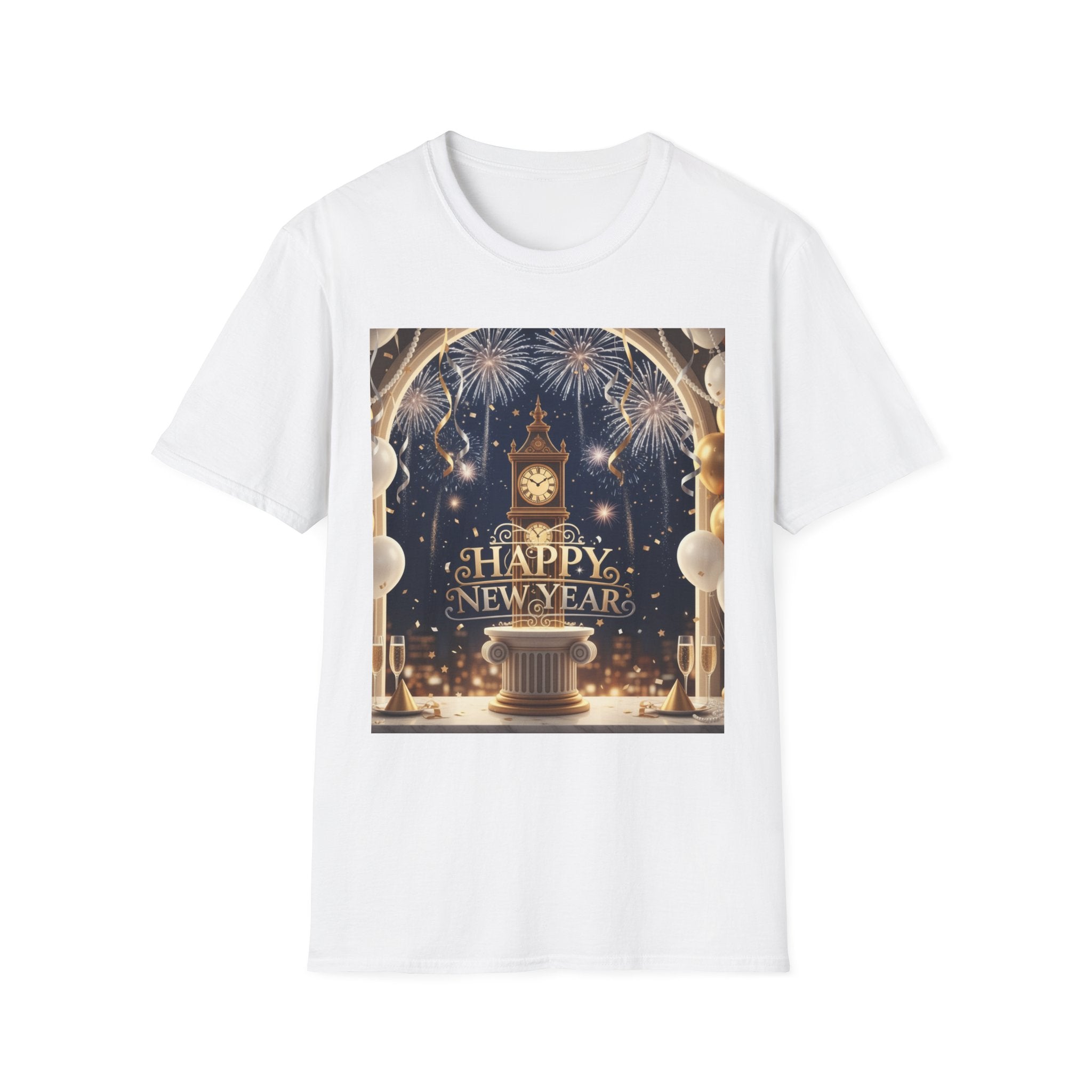 New Year Celebration T-Shirt — 'Happy New Year' Fireworks Clock Design